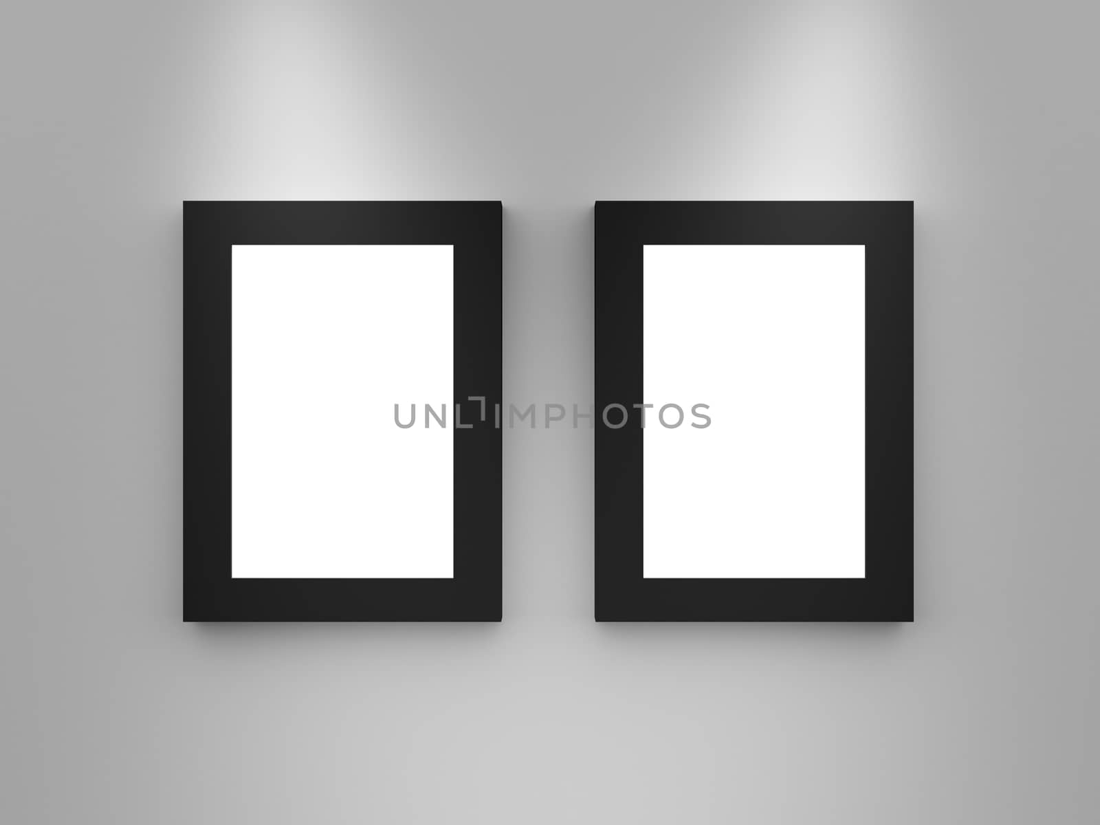 Modern blank gallery frames, black border, interior scene, advertisement board on white wall. lights from top.