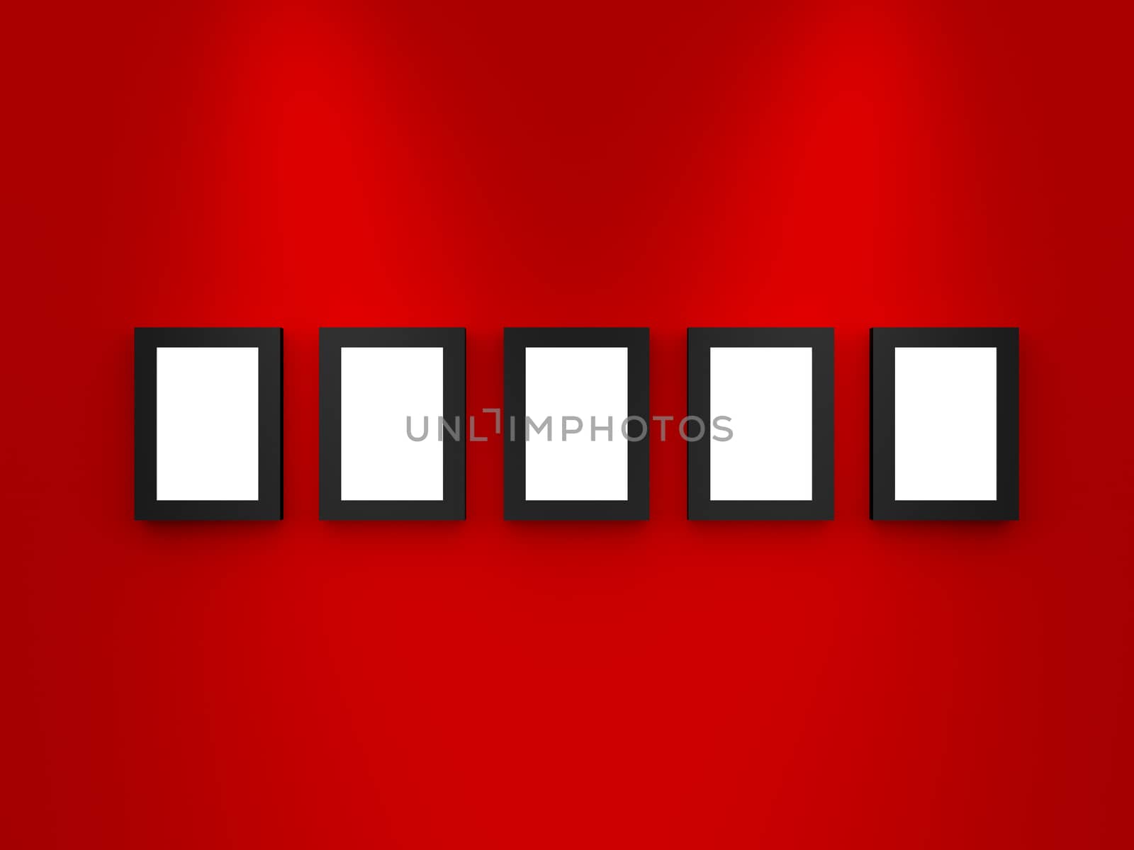 Five modern blank gallery frames, black border, interior scene, advertisement board on red wall. lights from top.
