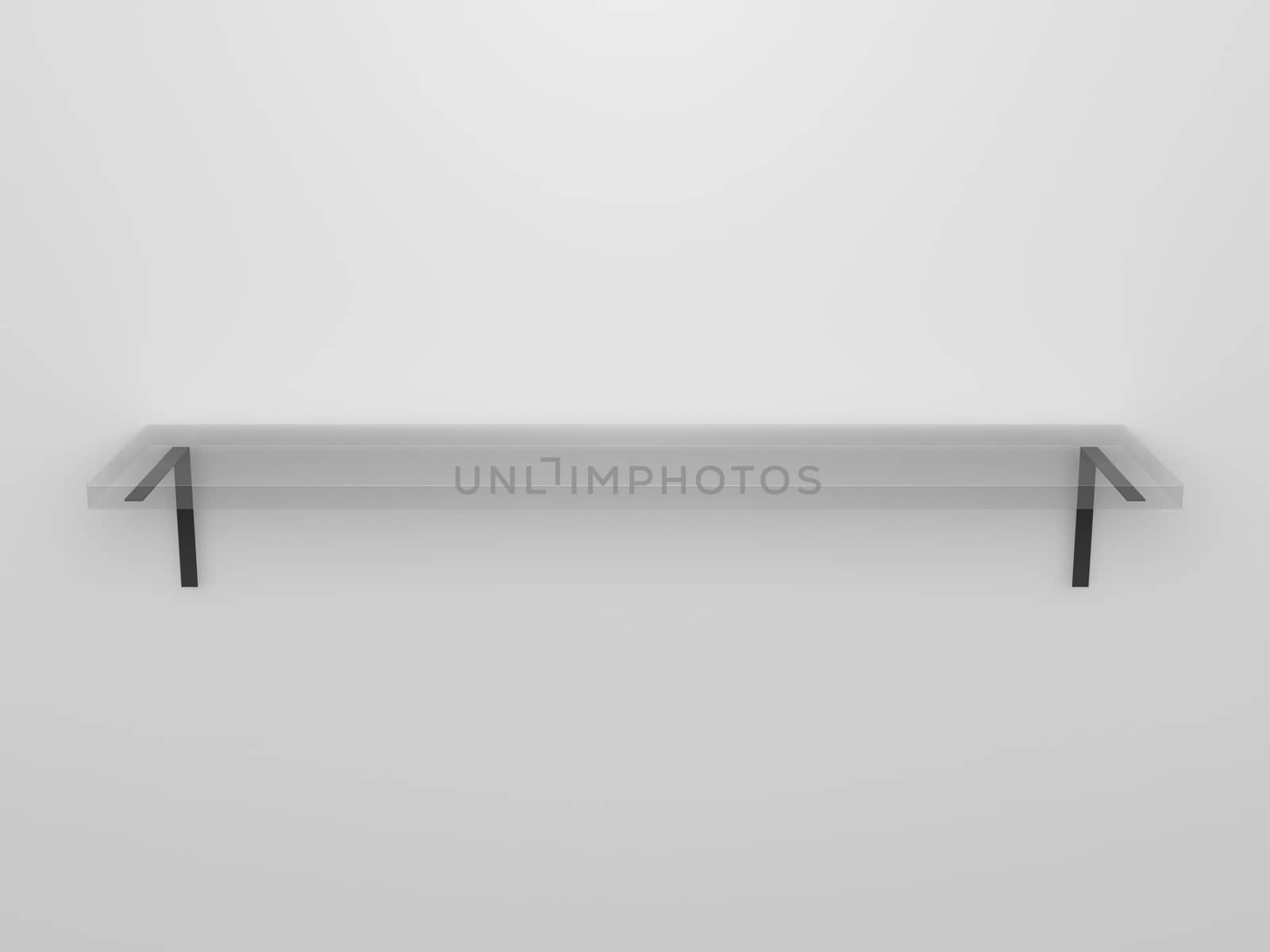 Blank, white, single, transparent, glass, high quality shelf installed on the wall upon where you can put, set, show anything with light from top.