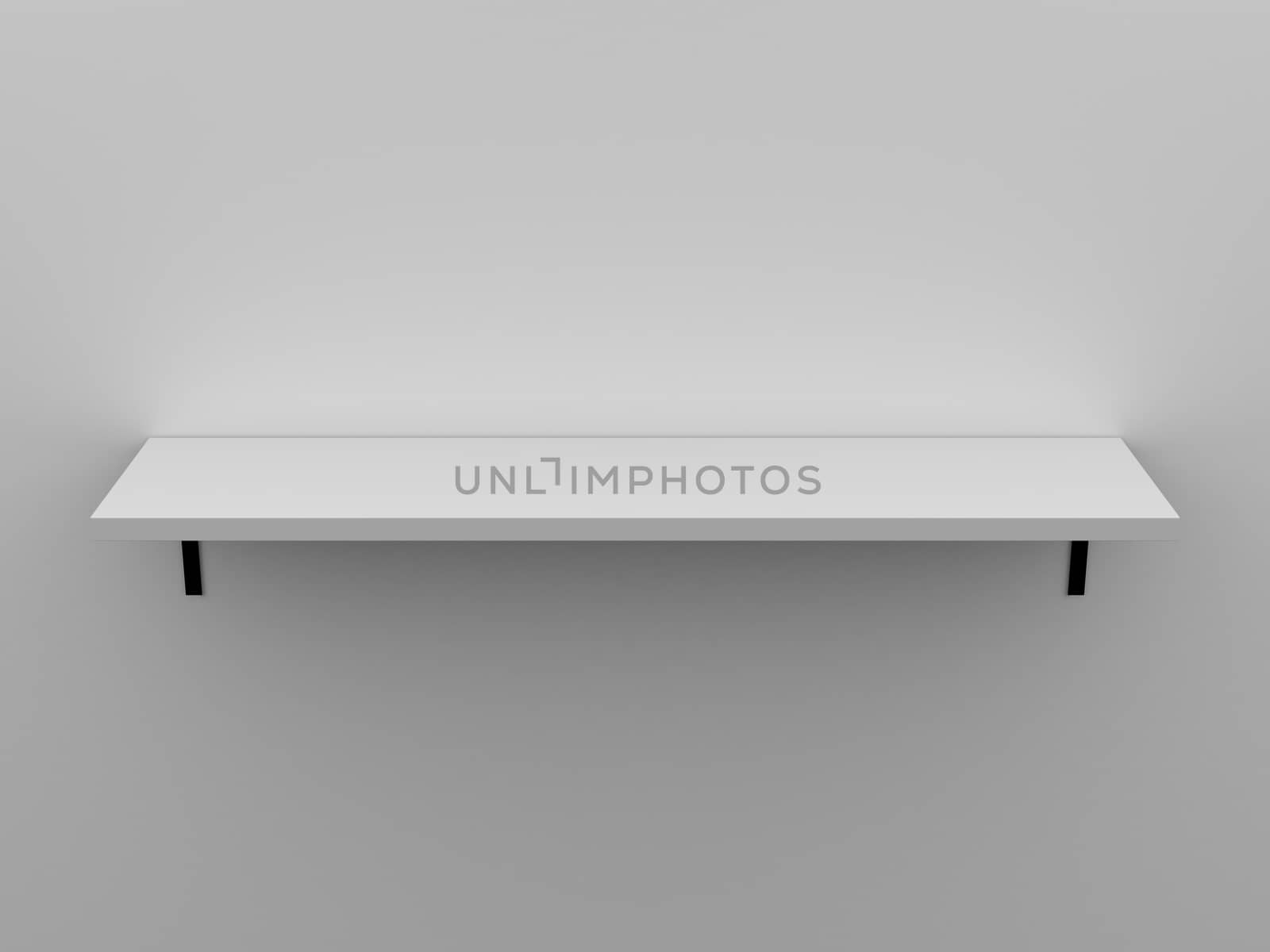 Blank, white, single, high quality shelf installed on the wall upon where you can put, set, show anything with light from top.