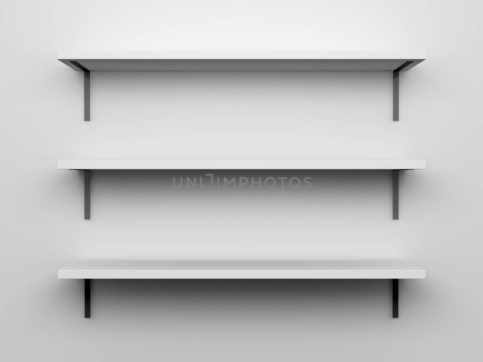 Blank, white, three high quality shelves installed on the wall upon where you can put, set, show anything with light from top.