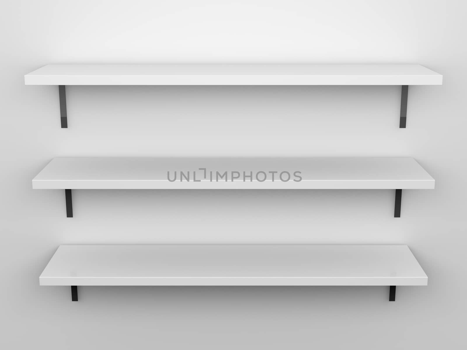 Blank, white, three high quality shelves installed on the wall upon where you can put, set, show anything with light from top.