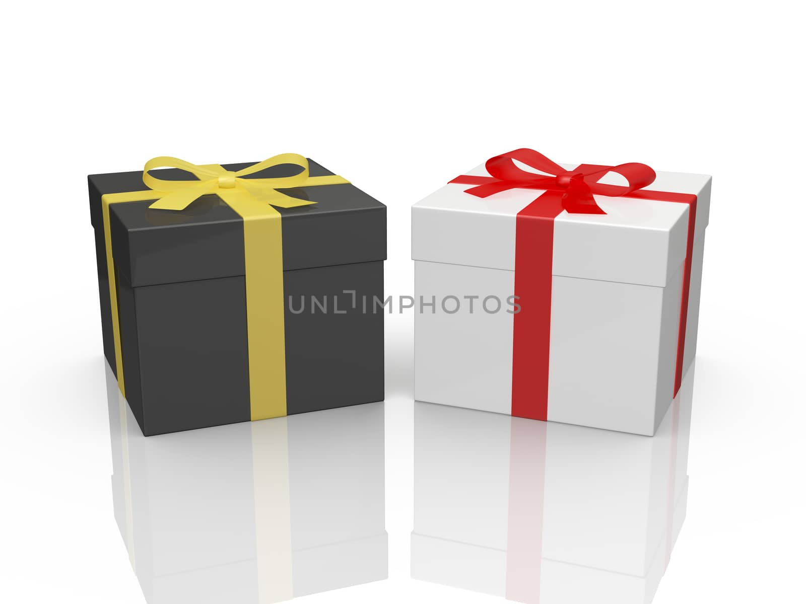 Black and white gift boxes with red and yellow ribbon, isolated on white background.