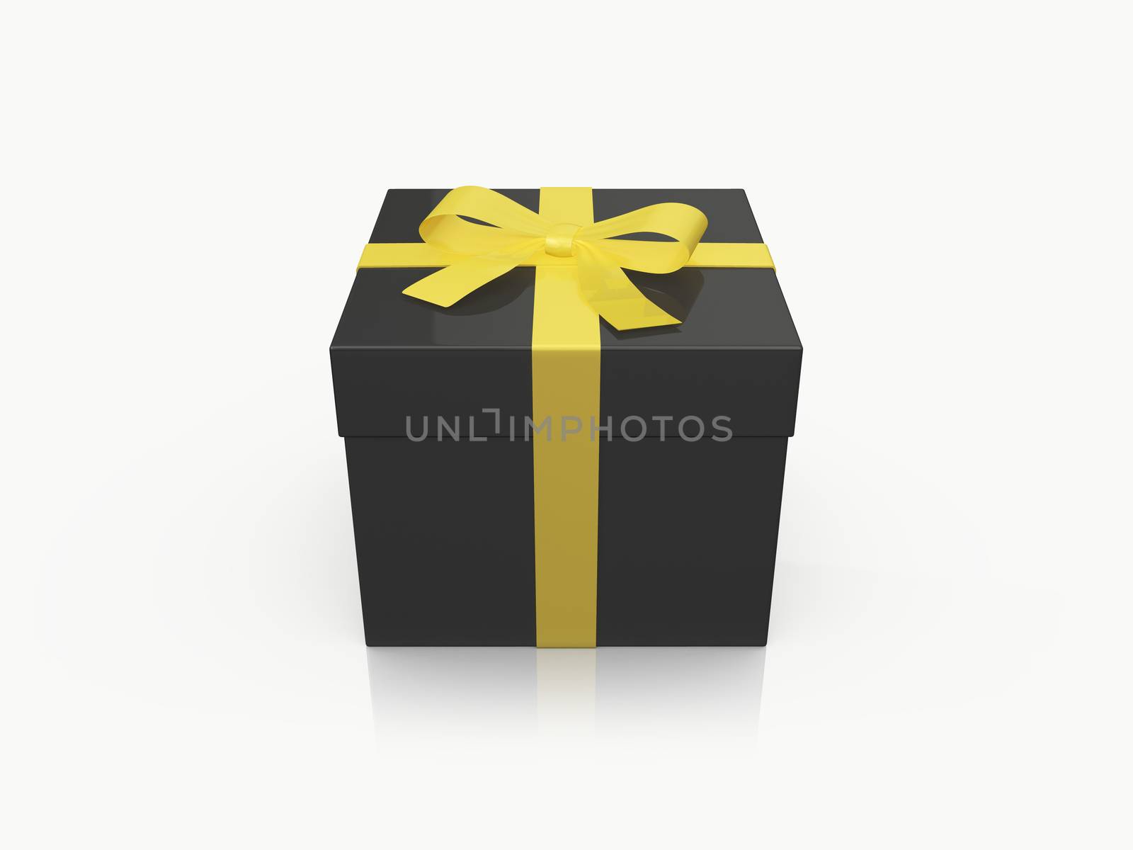 Black elegant gift box with golden yellow ribbon, isolated on white background.