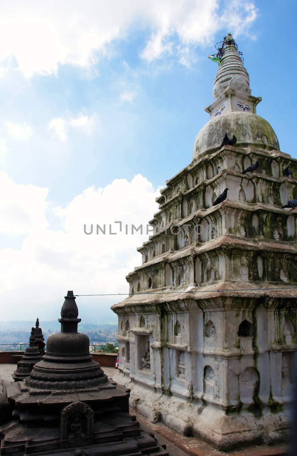 Swayambhunath stupa temple on the outskirts of Kathmandu, Nepal. Unesco world heritage site (aslo known as "monkey temple")                               