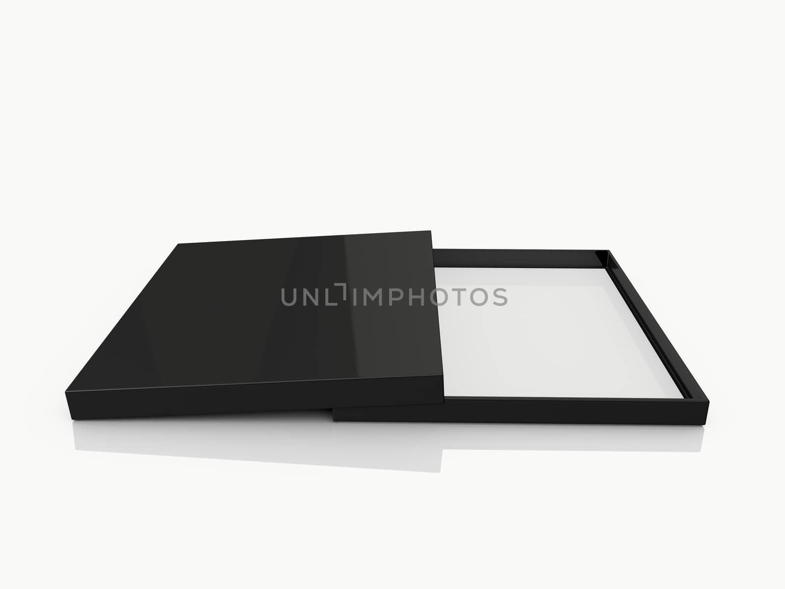 Black elegant empty open box with reflection, side view, isolated on white background.