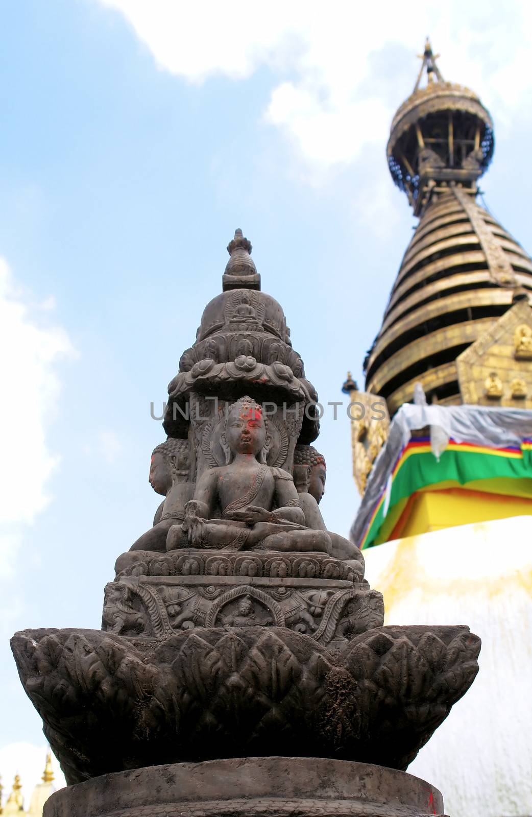 Swayambhunath stupa temple on the outskirts of Kathmandu, Nepal. Unesco world heritage site (aslo known as "monkey temple")                               