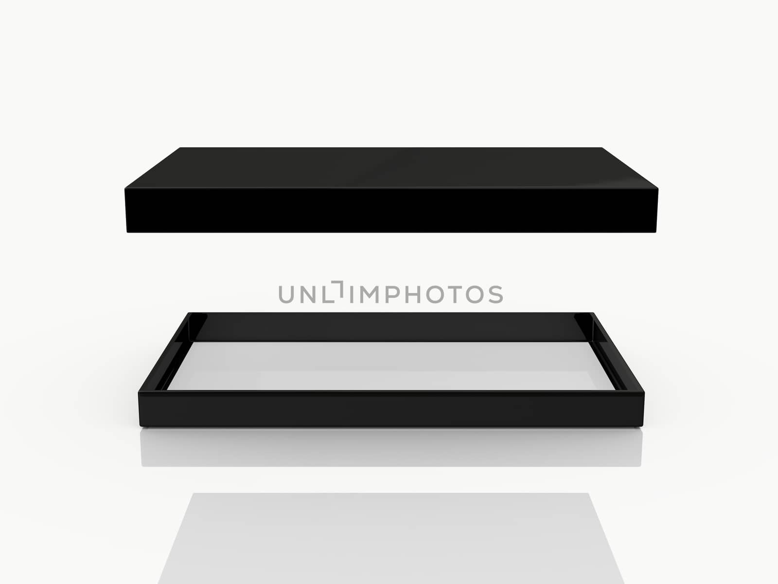 Black elegant empty open box and cover, side view, isolated on white background.
