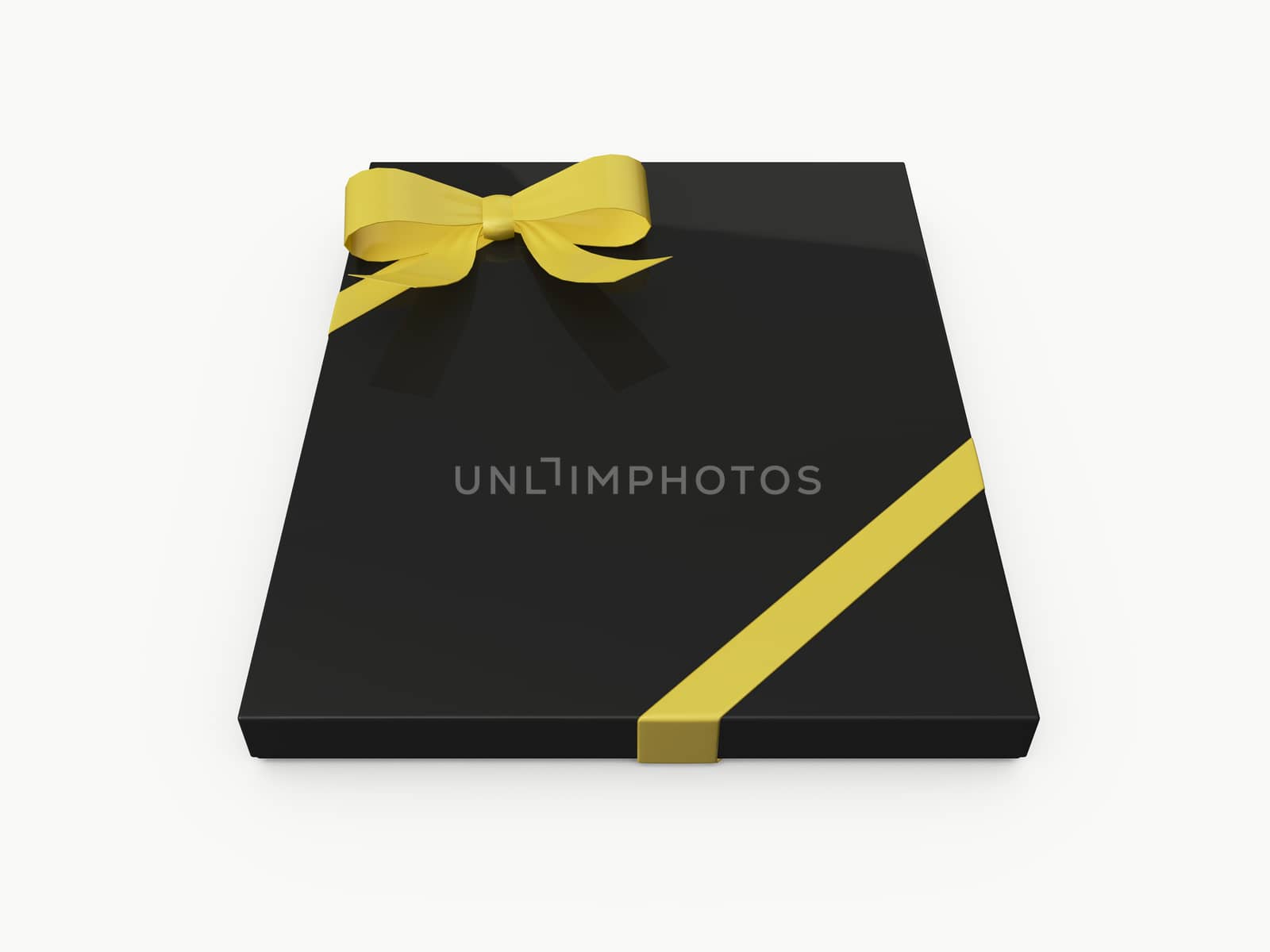 Black rectangle gift box with golden ribbon, isolated on white background.