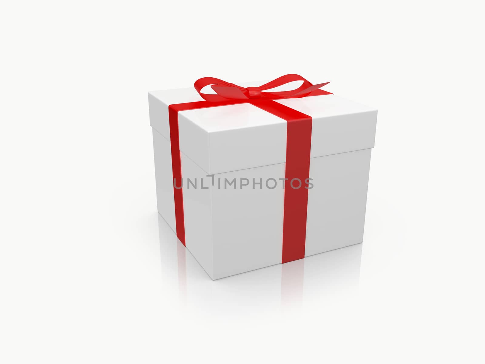Single white gift box with red ribbon, isolated on white background.