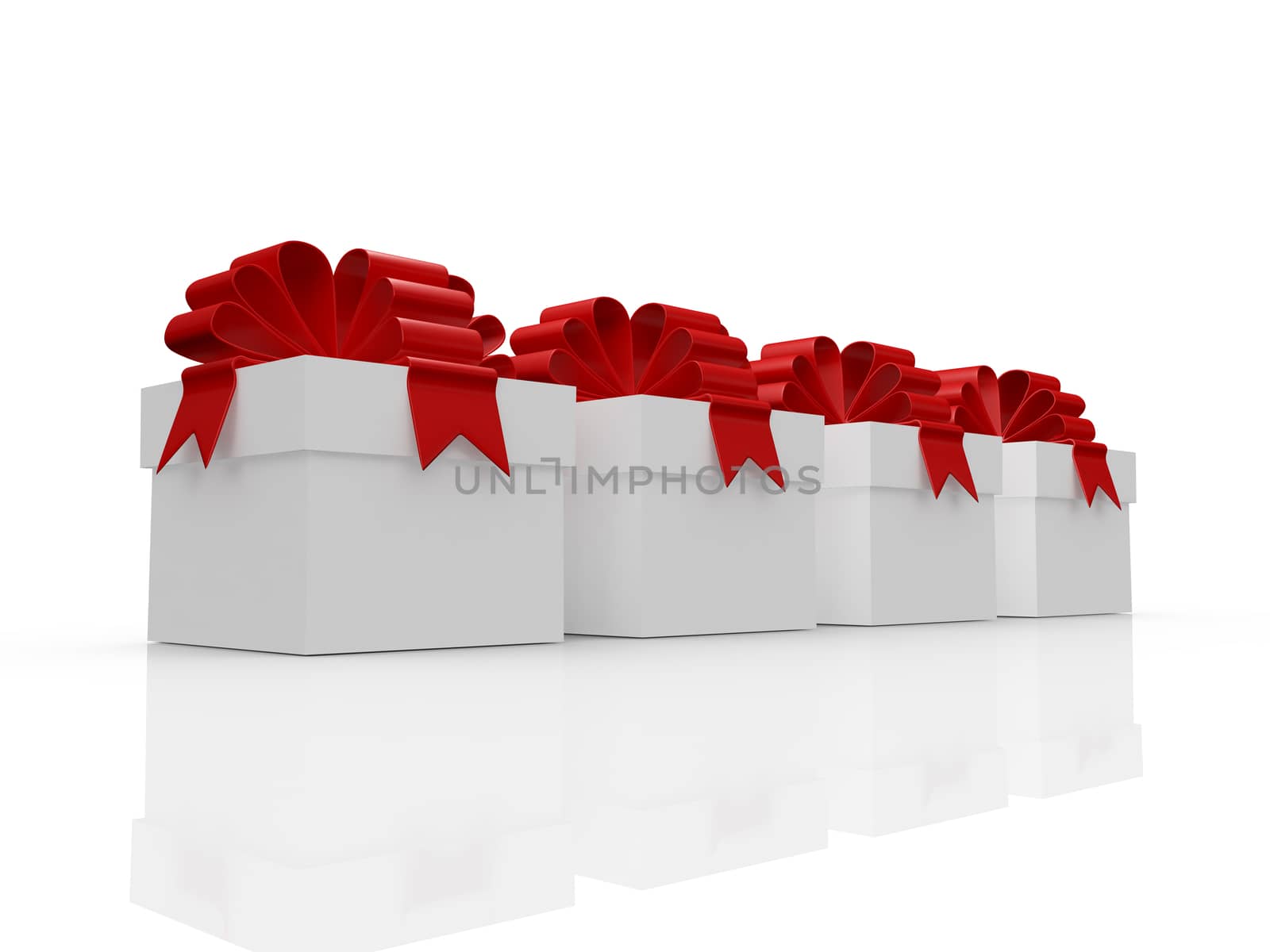 Four white gift boxes with red ribbon for surprise, isolated on white background.