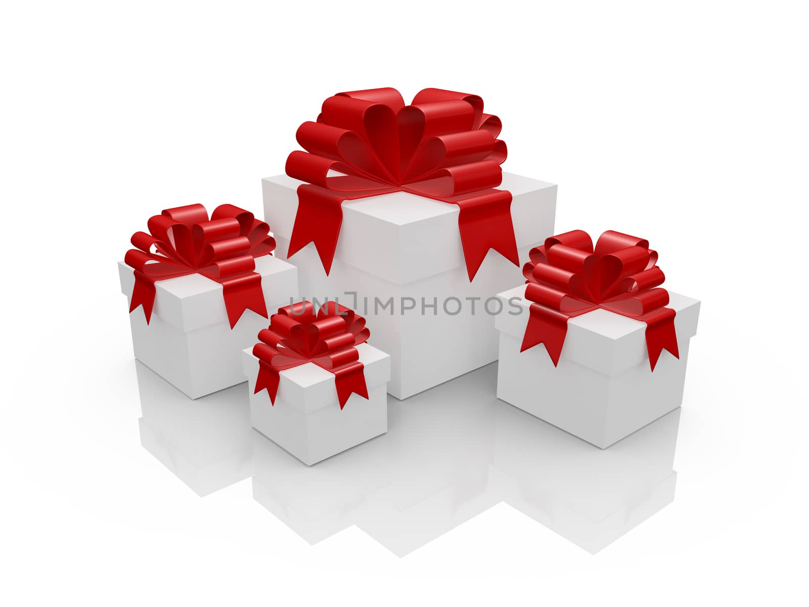 Four white gift boxes with red ribbon for surprise, isolated on white background.