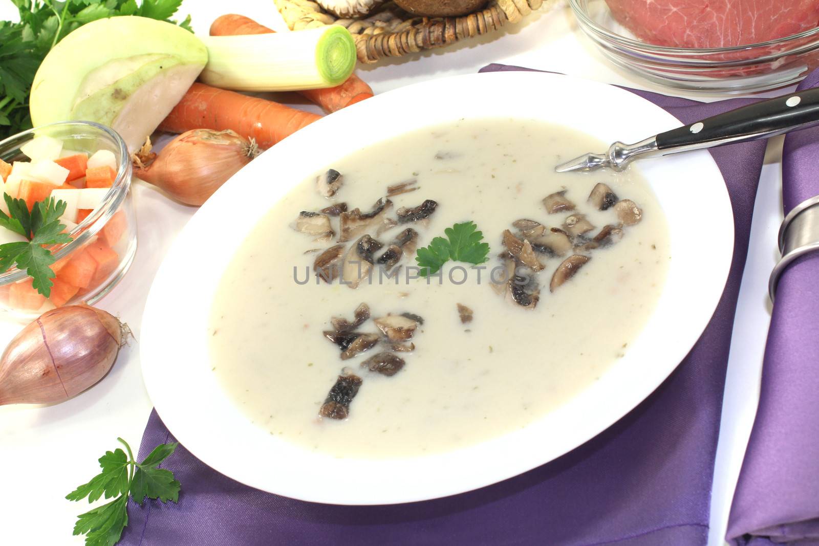 Veal soup with mushrooms on a light background