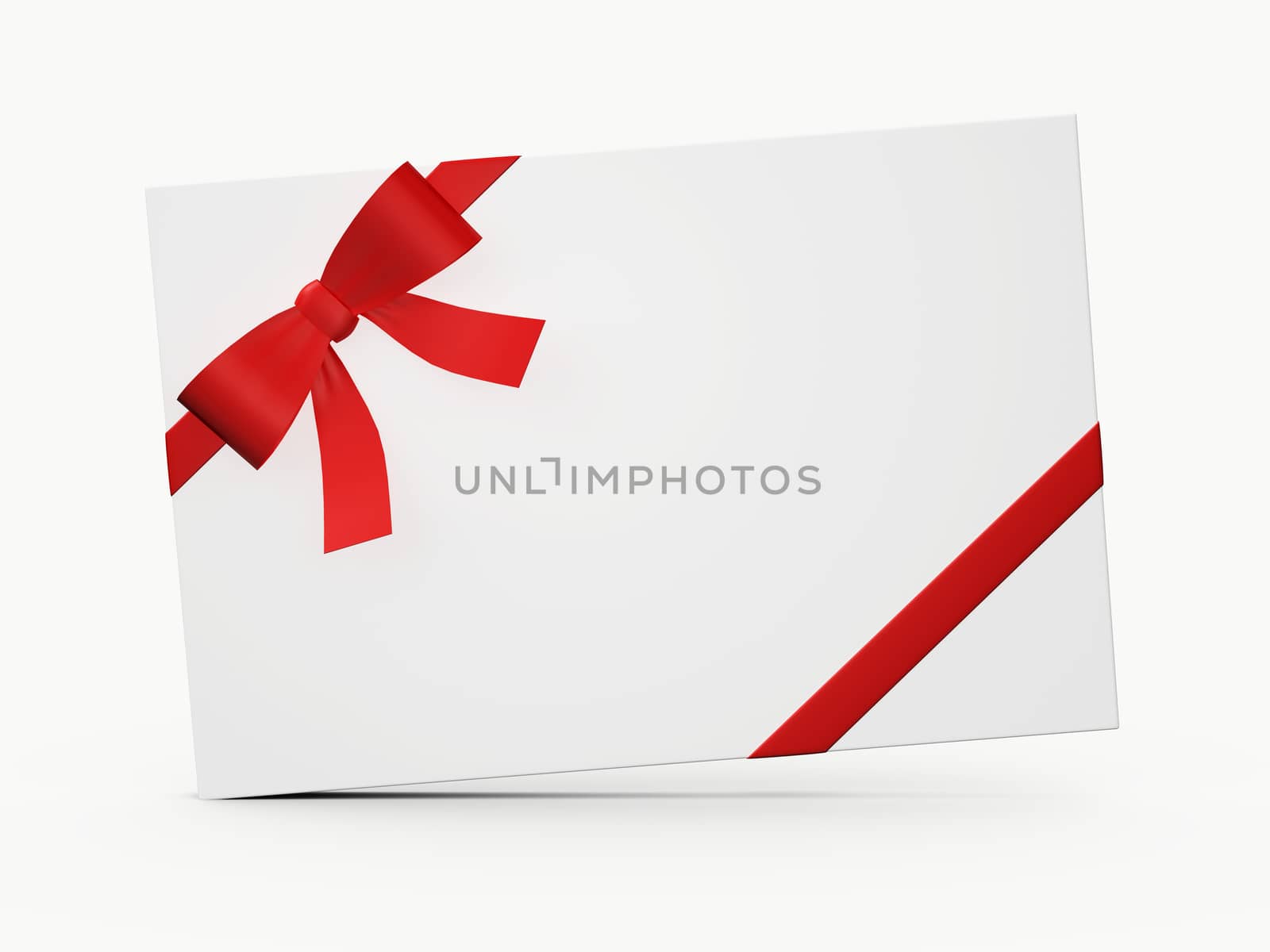 White high quality gift card with red ribbon for your message, isolated on white background.