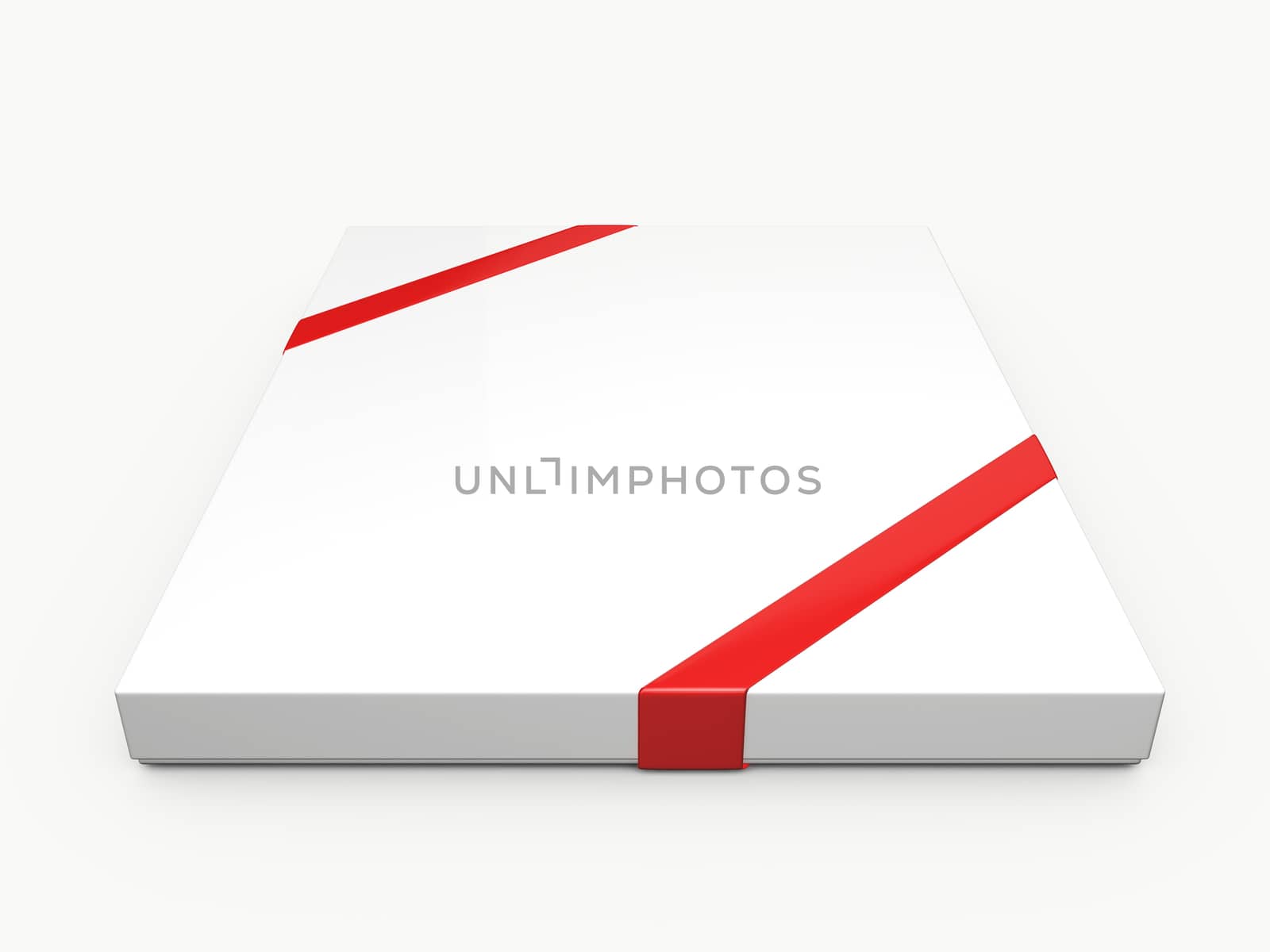 Single white rectangle gift box with red ribbon, isolated on white background.