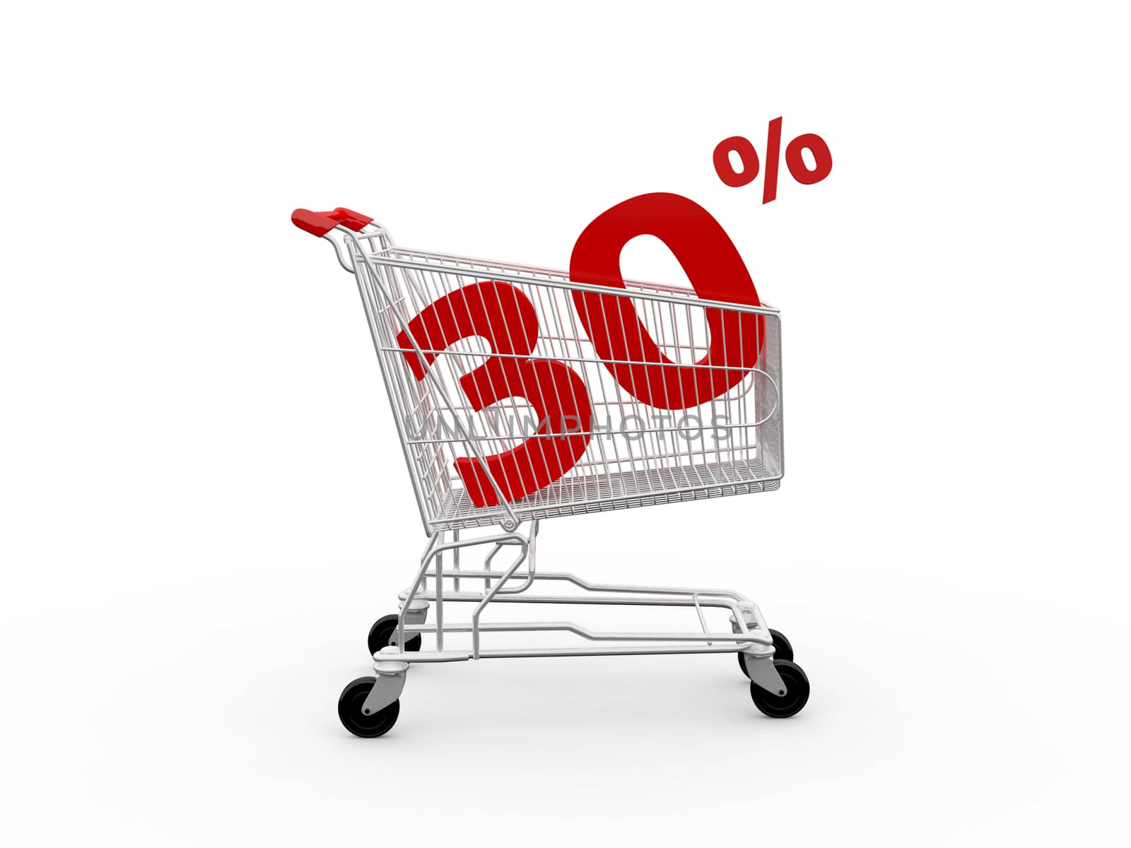 Shopping cart and red thirty percentage discount, isolated on white background.
