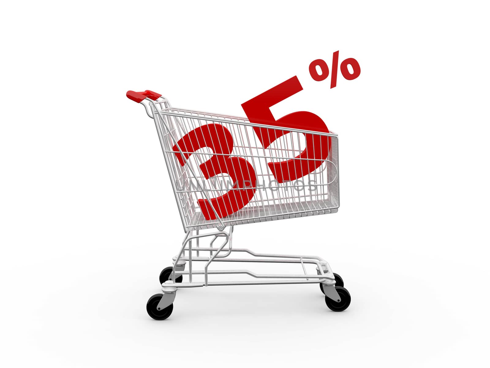 Shopping cart and red thirty five percentage discount, isolated on white background.