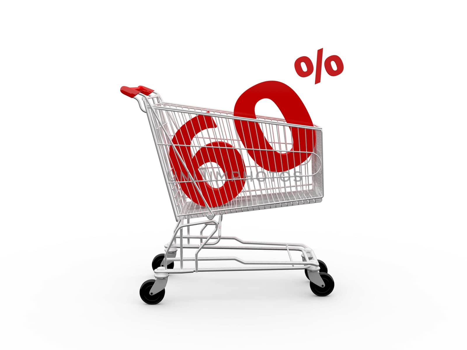 Shopping cart and red sixty percentage discount, isolated on white background.