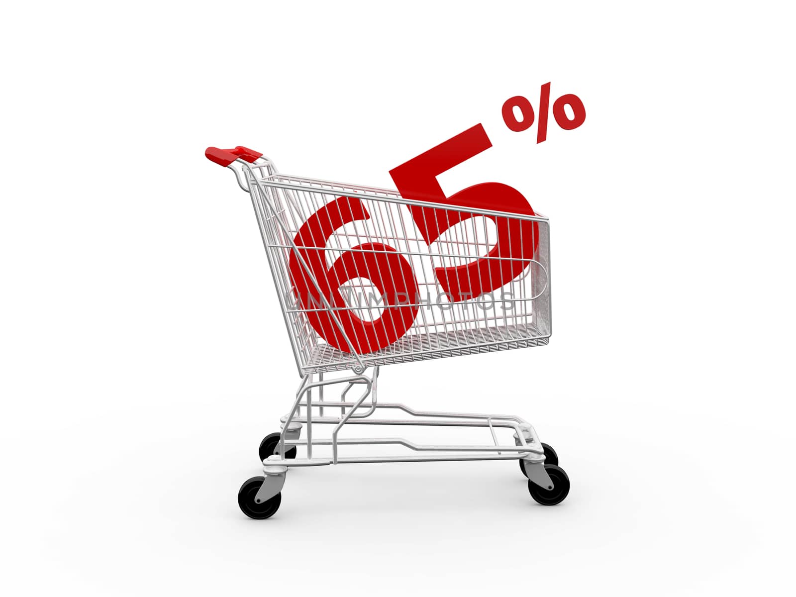 Shopping cart and red sixty five percentage discount, isolated on white background.
