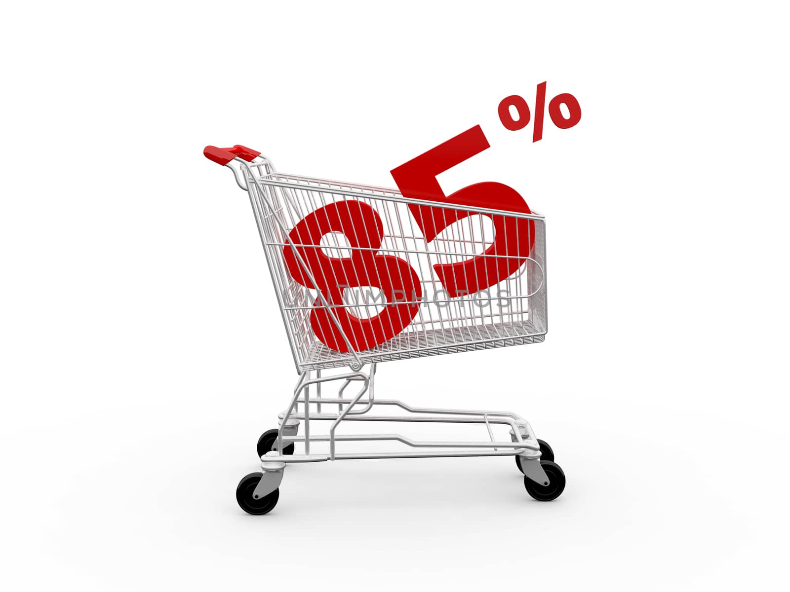 Shopping cart and red eighty five percentage discount, isolated on white background.