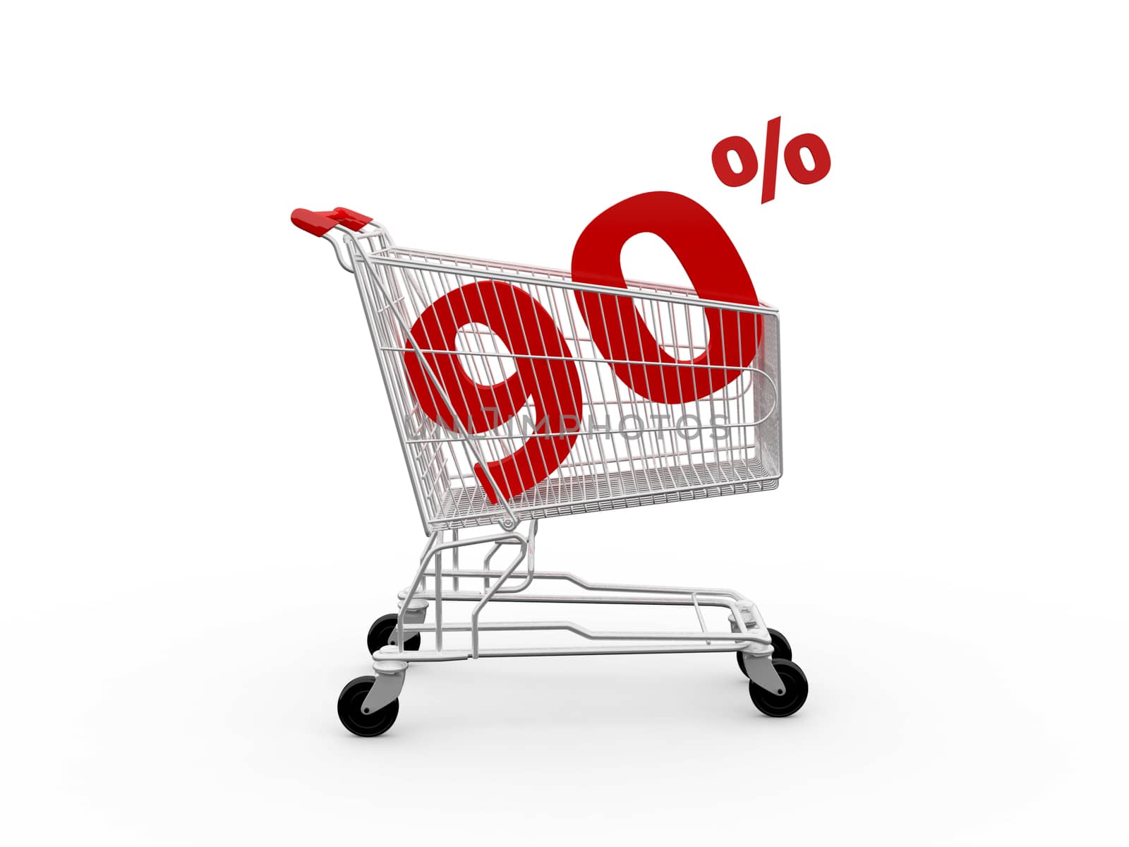 Shopping cart and red ninety percentage discount, isolated on white background.