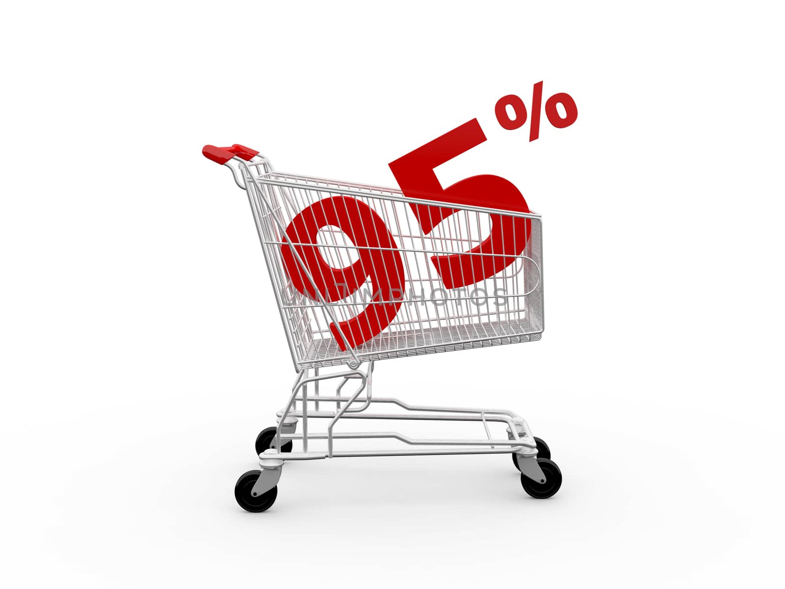 Shopping cart and red ninety five percentage discount, isolated on white background.