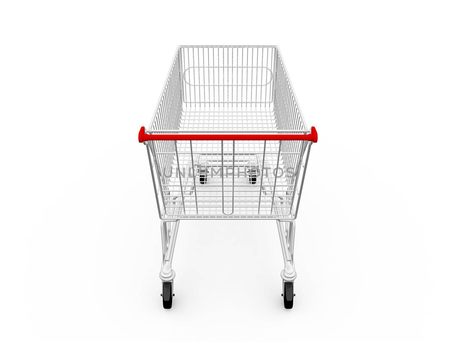 Empty shopping cart, back view, isolated on white background.