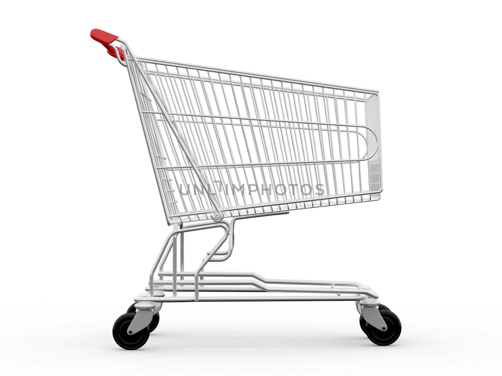 Empty shopping cart, side view, isolated on white background.