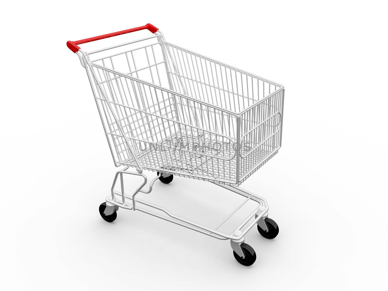 Empty shopping cart, side view, isolated on white background.