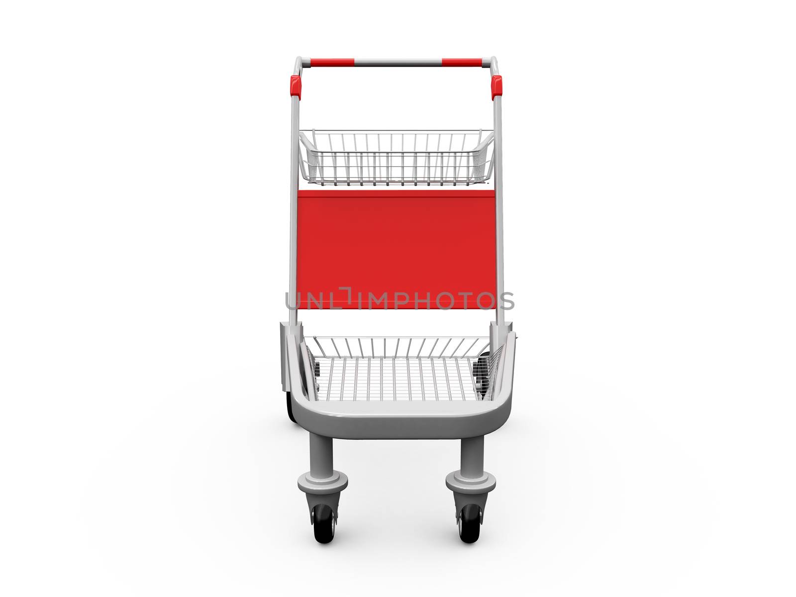 Empty shopping trolley, front view, isolated on white background.