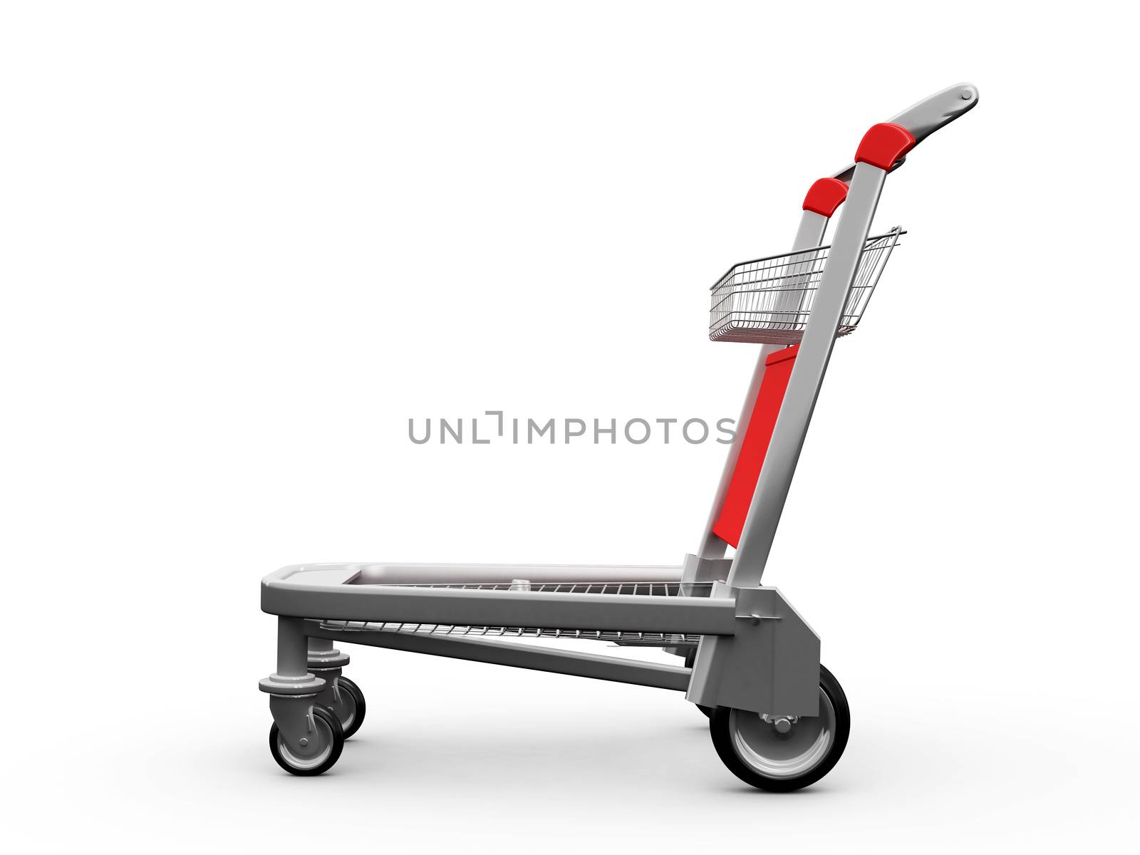 Empty shopping trolley, side view, isolated on white background.