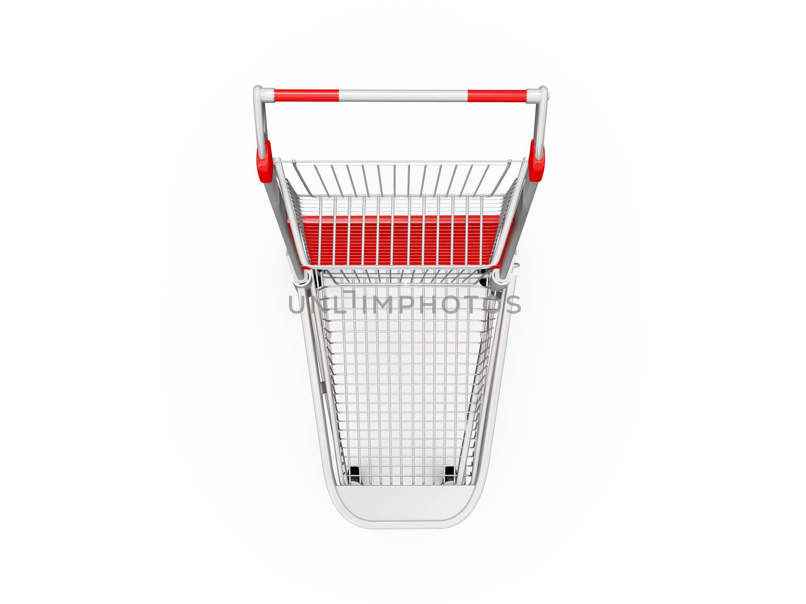 Empty shopping trolley, top view, isolated on white background.