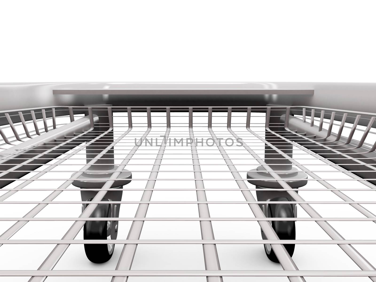 Empty shopping trolley from inside, isolated on white background.