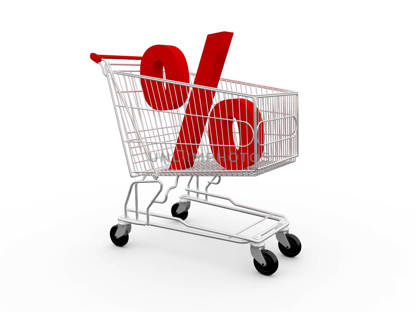 Red percentage symbol in shopping cart, isolated on white background.
