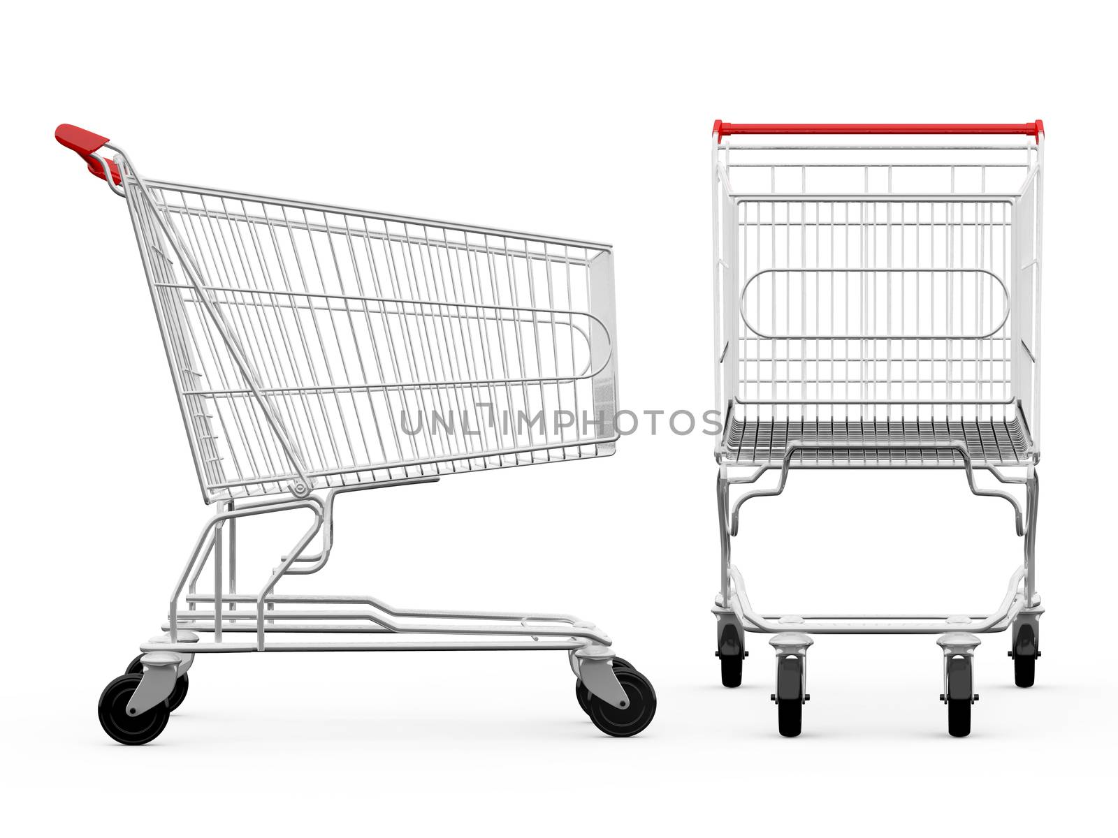 Empty shopping carts, side view and front view, isolated on white background.