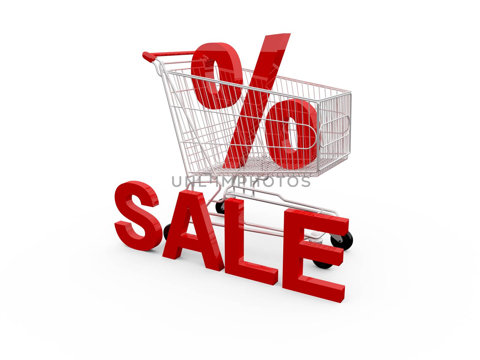 Red percentage symbol, sale text and shopping cart, isolated on white background.
