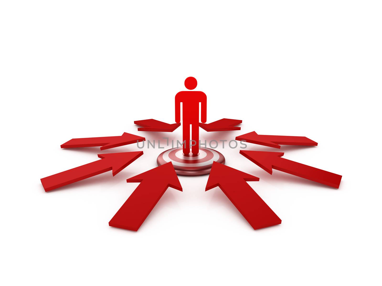 Business concept, red arrows shows red social man on target, isolated on white background.