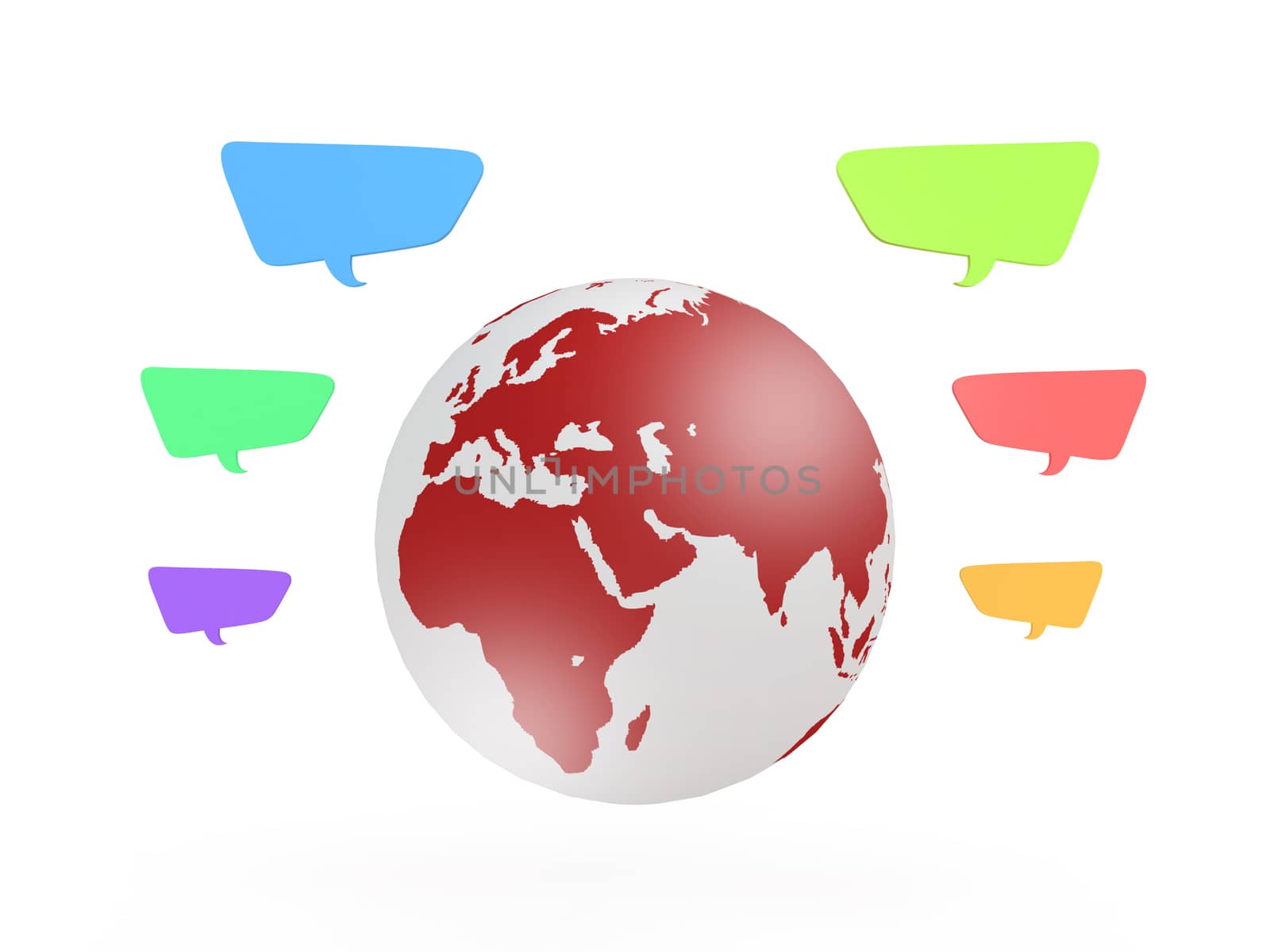 Colorful speech bubbles around red earth, isolated on white background.