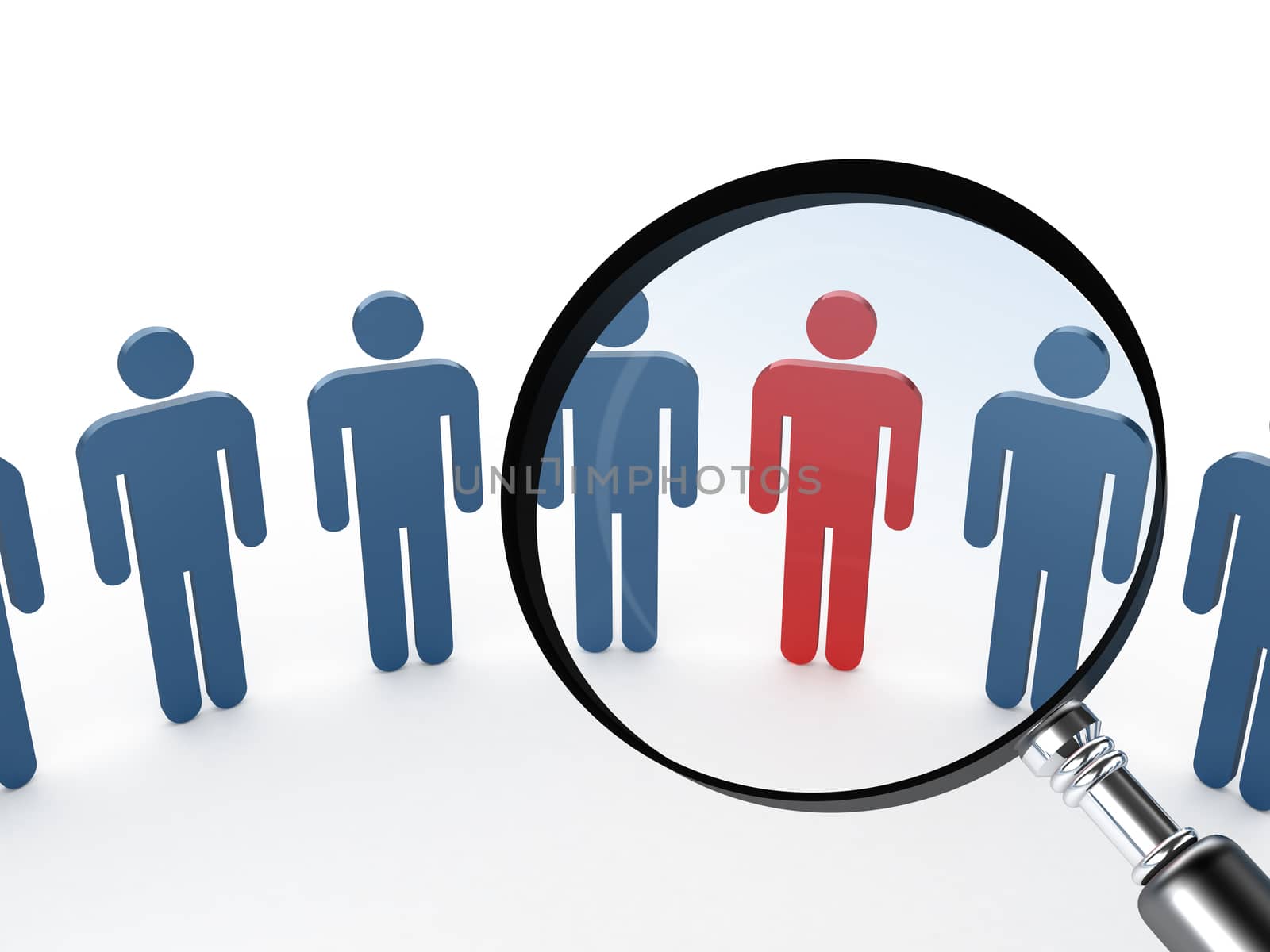 Magnifying glass focusing on red social man, standing out from the crowd for career, isolated on white background.