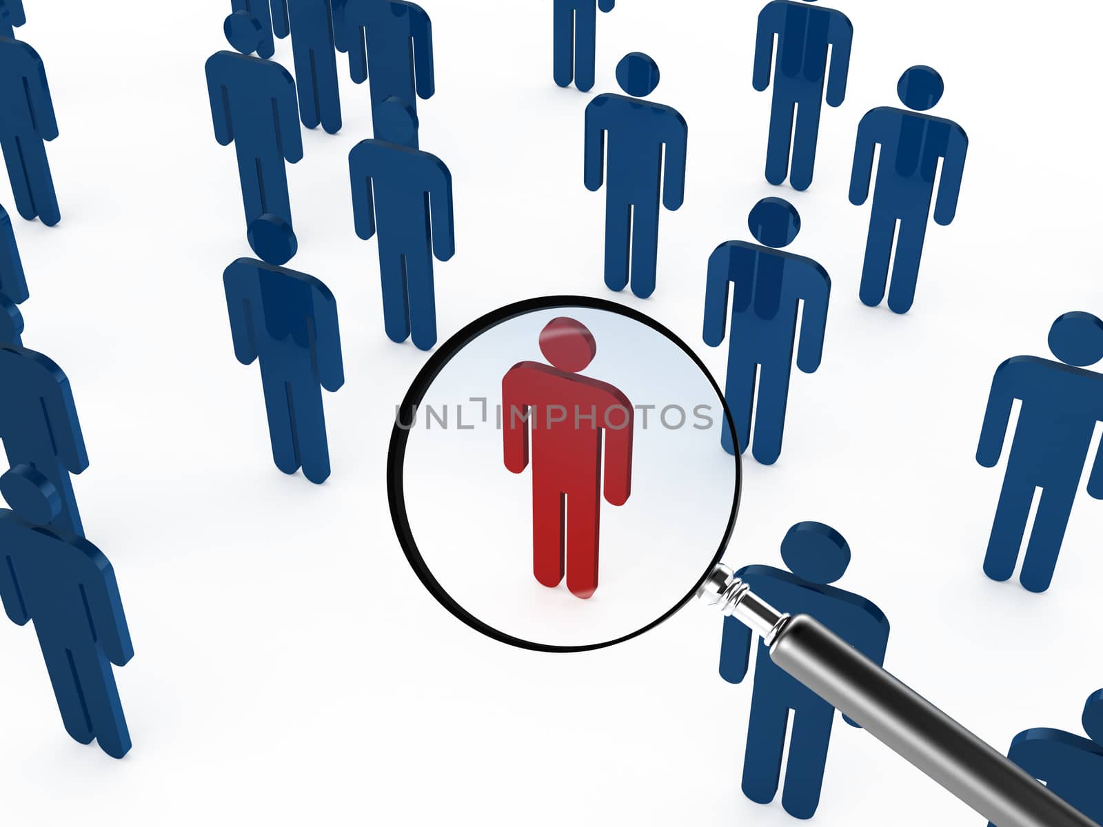 Magnifying glass focusing on red social man, standing out from the crowd for career, isolated on white background.