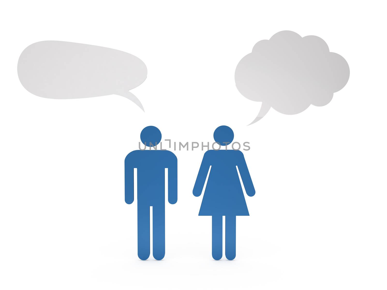 Adult male and female speaking, talking, discussing something with white blank empty speech bubbles, isolated on white background.