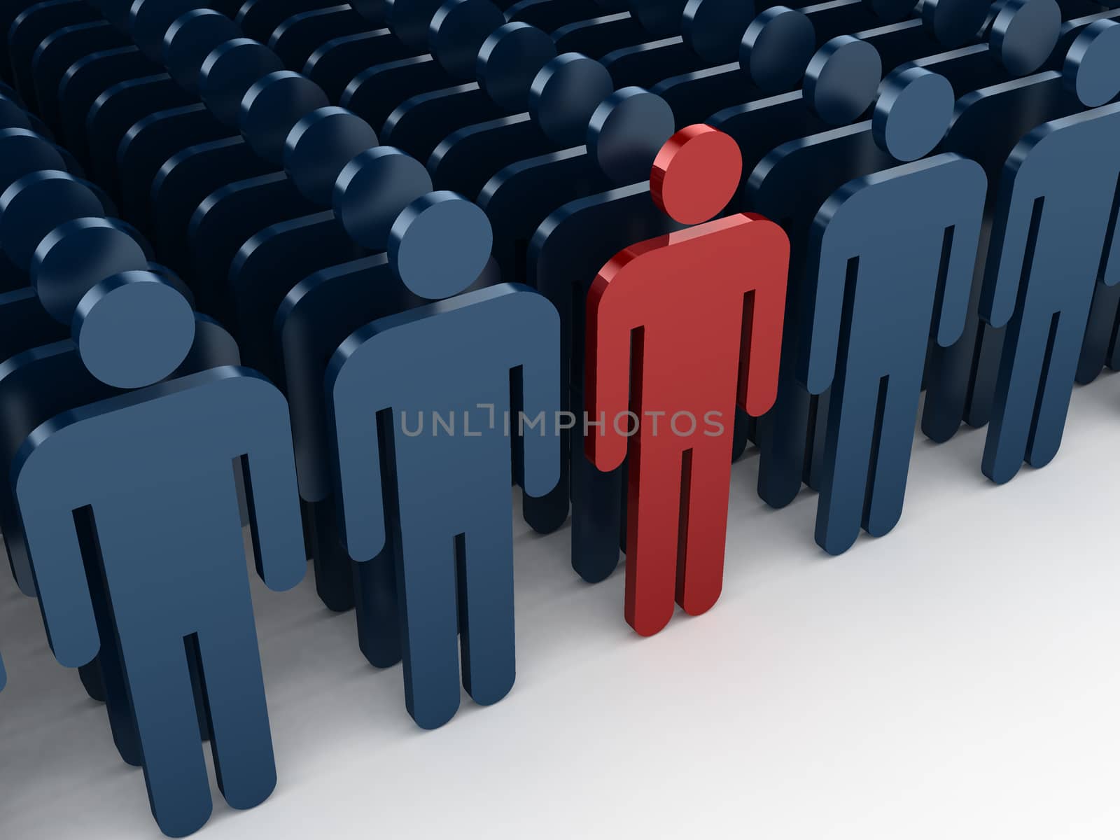 Outstanding concept, red social man be realized between other crowd social men, isolated on white background.