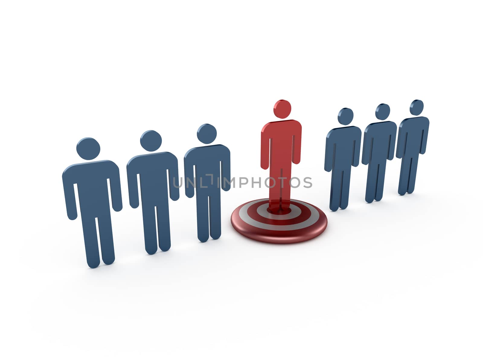 Outstanding concept, red social man on target, isolated on white background.