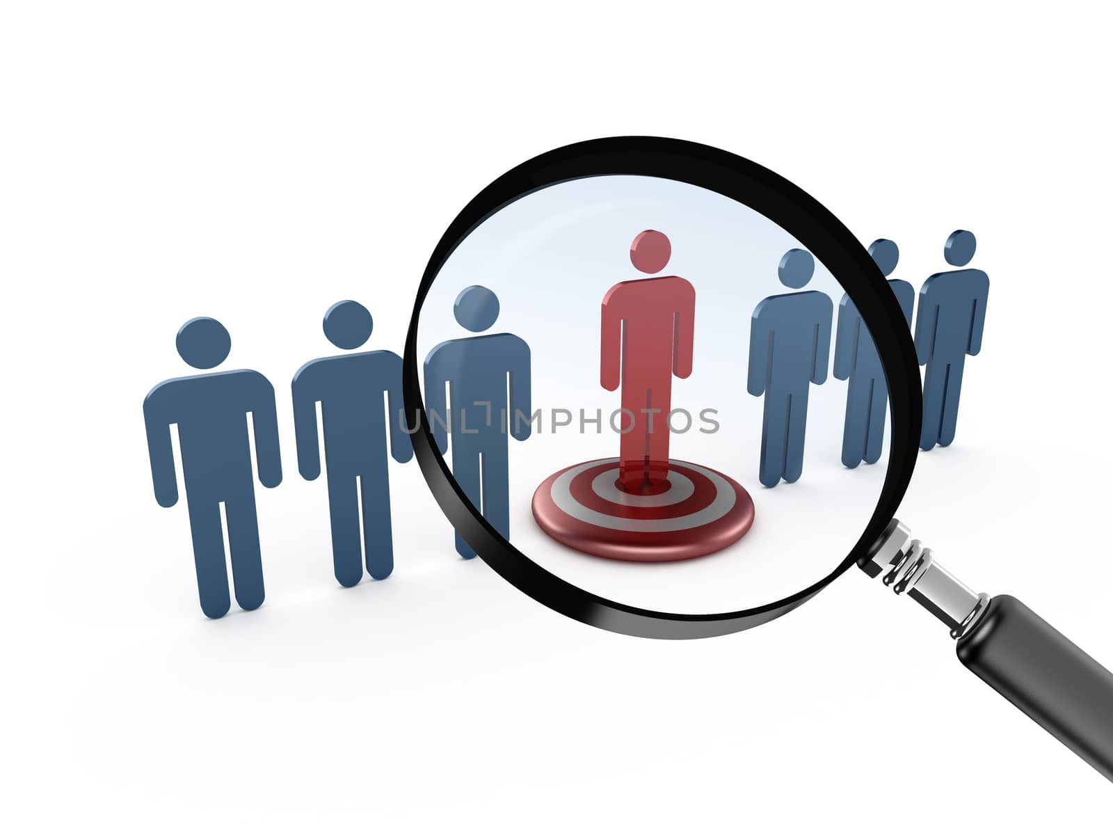 Leadership concept, red social man on target and magnifying glass focusing on it,, isolated on white background.