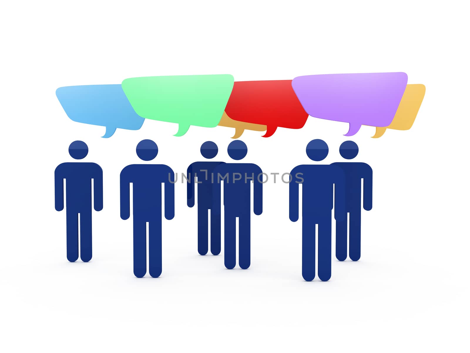 Social people discussing with colorful speech bubbles, isolated on white background.