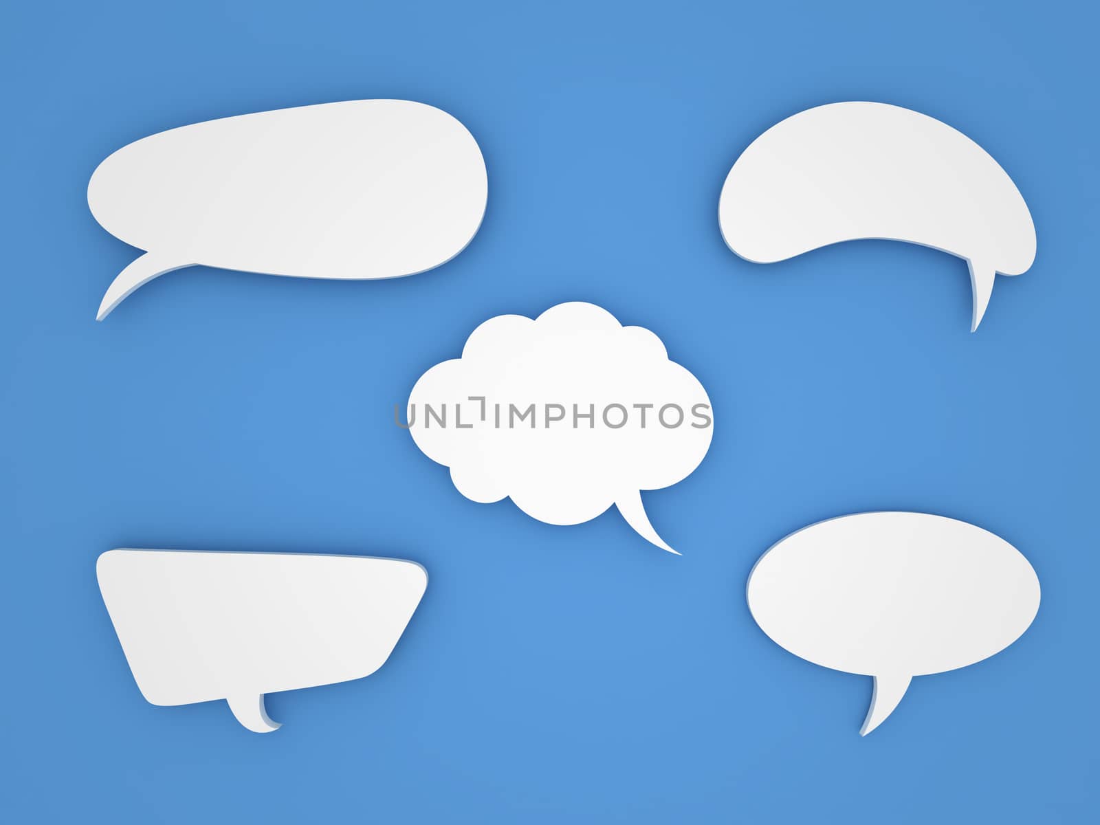 Blank empty white speech bubbles template for your messages on blue background.