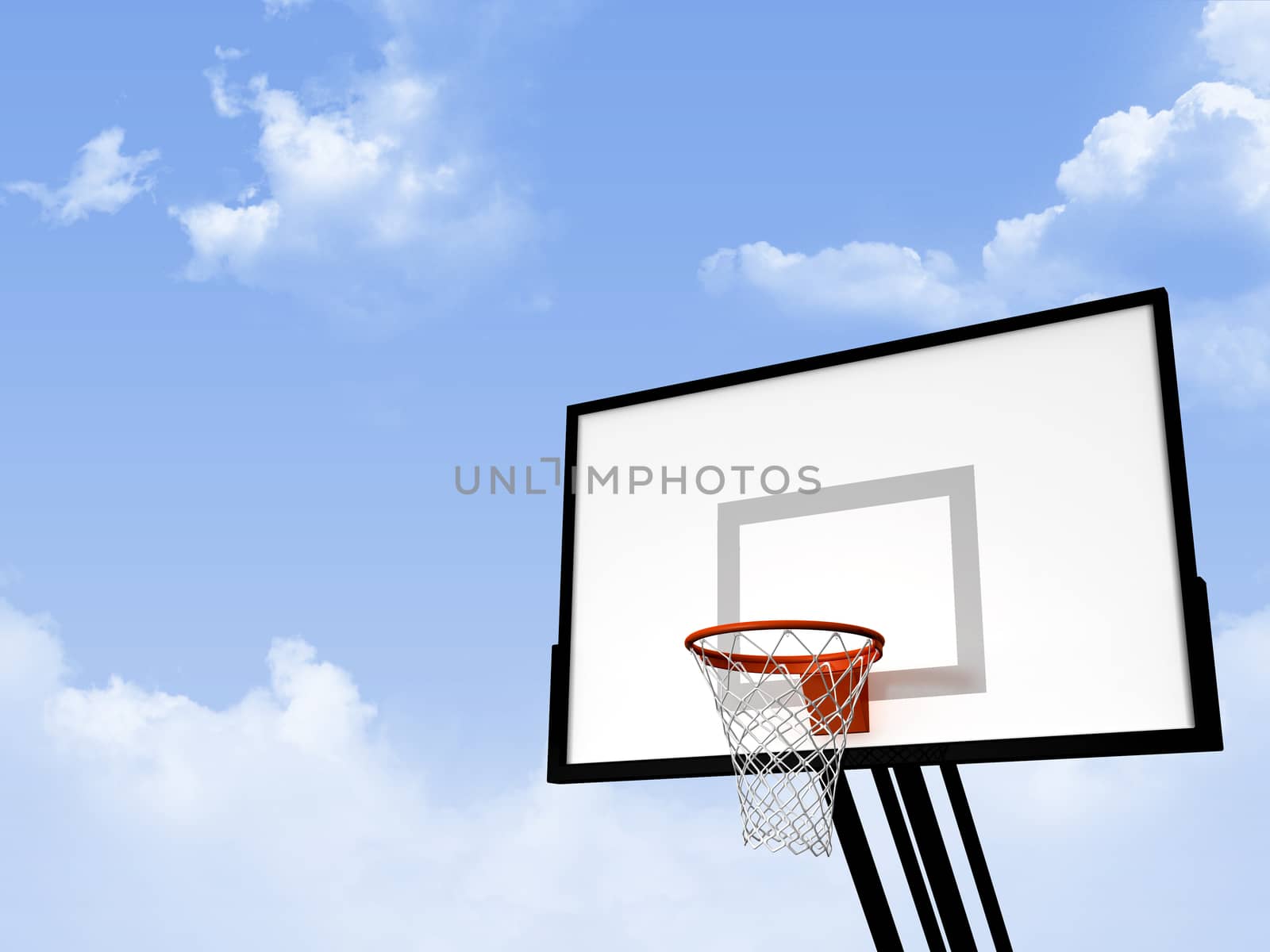 Basketball basket on cloudy blue sky background.