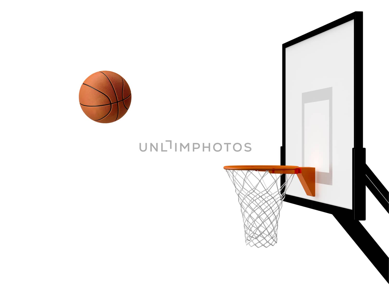 Basketball basket and ball in movement, isolated on white background.