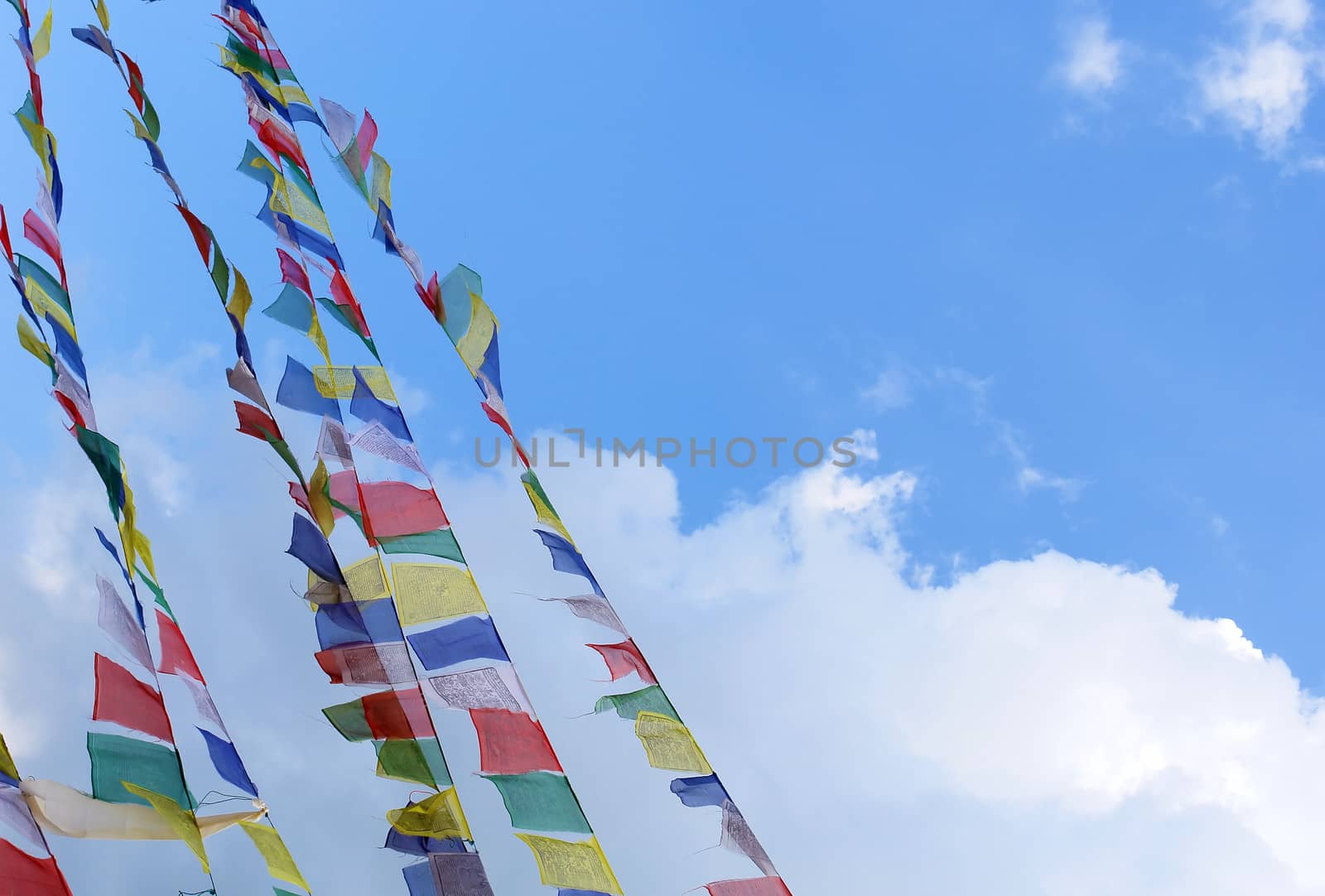 bodhnath stupa in kathmandu with prayer flags on clear blue sky background