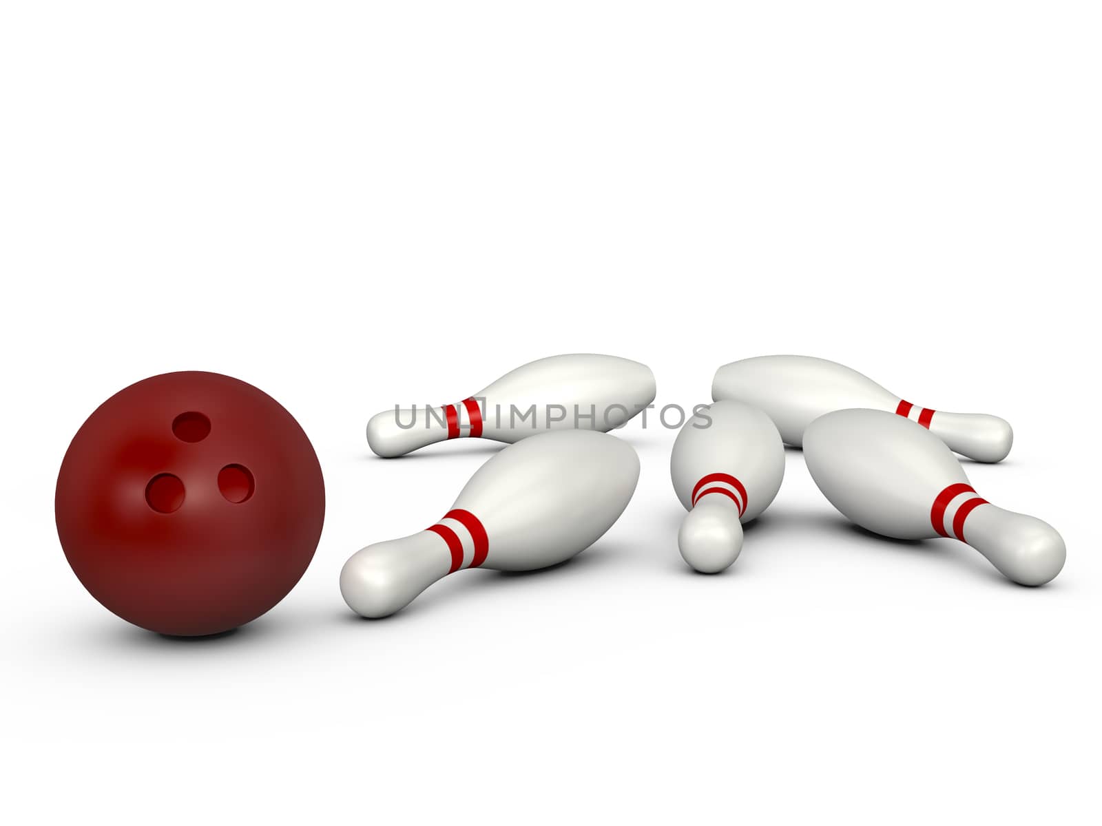 Red bowling ball crashed to white bowling pins, isolated on white background.